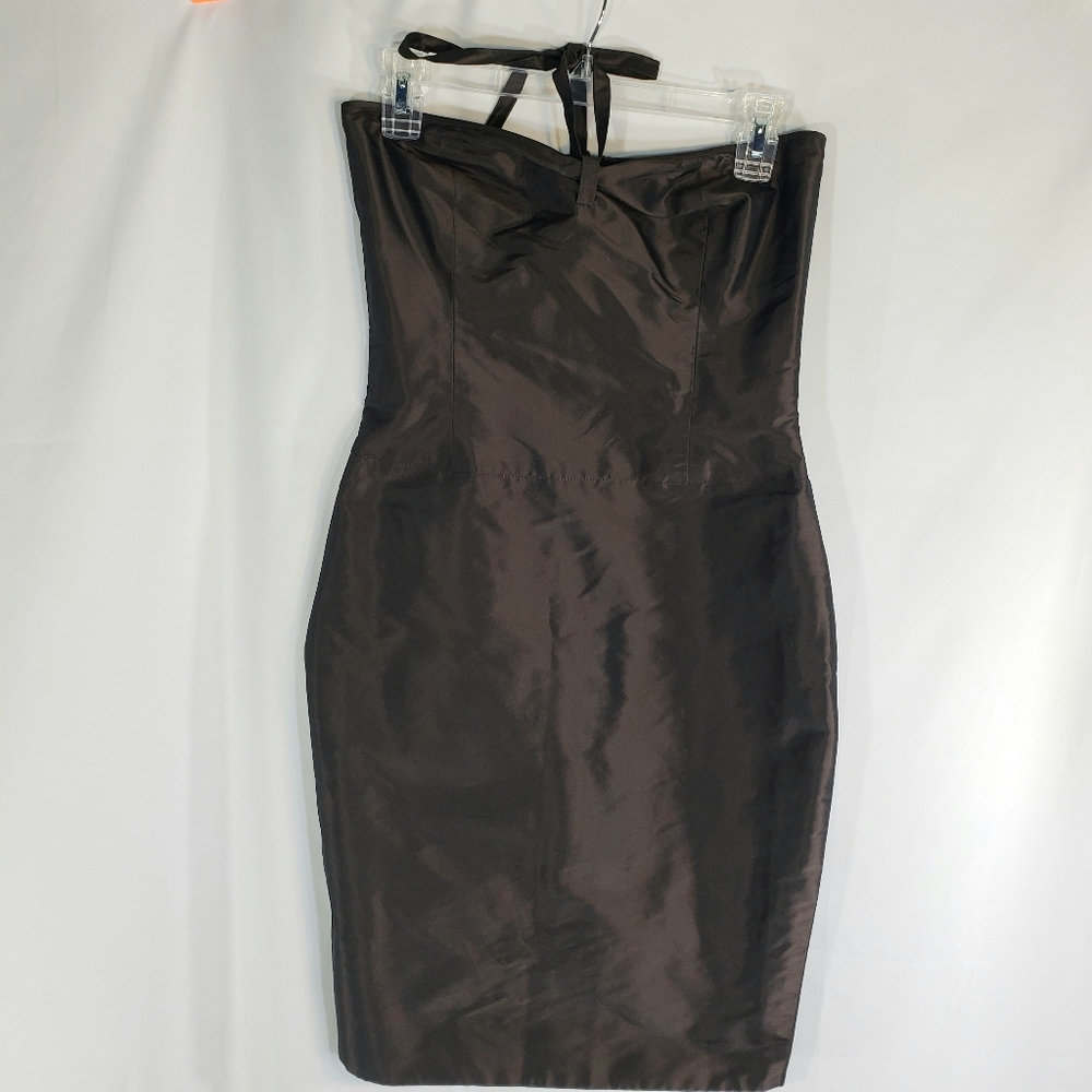Sylvia Heisel Brown 100% Silk Halter Boning Bodice Formal Short Dress Size 2